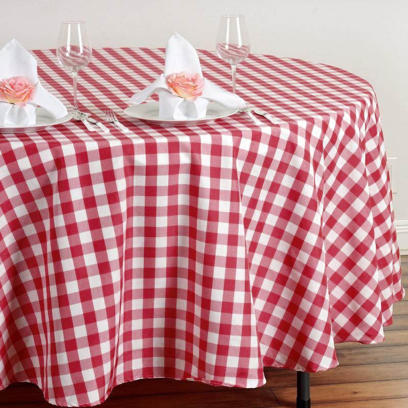 Red and white gingham tablecloth with place settings