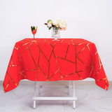 54"x54" Red Polyester Square Tablecloth With Gold Foil Geometric Pattern