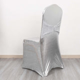 Metallic Silver Shimmer Tinsel Spandex Banquet Chair Cover With Attached Sash Band