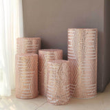 Set of 5 Rose Gold Sequin Mesh Cylinder Pedestal Pillar Prop Covers with Geometric Pattern