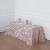 90x156inch Blush Rose Gold Sequin Leaf Embroidered Rectangular Tablecloth, Sheer Table Overlay