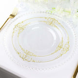 10 Pack | 10inch Clear Gold Leaf Embossed Baroque Plastic Dinner Plates