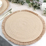 15inch Round Natural Rustic Burlap Jute Placemats Fringed Edges, Farmhouse Placemats with Trim