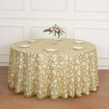 120inch Gold Sequin Leaf Embroidered Seamless Tulle Round Tablecloth, Sheer Table Overlay
