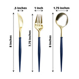 24 Pack | Metallic Gold Modern Silverware Set, Premium Plastic Cutlery Set With Royal Blue Handle