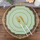 10 Pack | 11inch Sage Green Heavy Duty Disposable Baroque Dinner Plates with Gold Rim