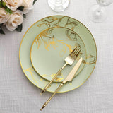 Set of 20 Sage Green Plastic Dinner Dessert Plates With Metallic Gold Floral Design, Disposable