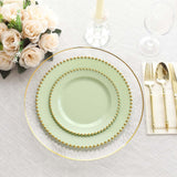 10 Pack Sage Green Disposable Party Plates with Gold Beaded Rim, 10inch Round Plastic Dinner Plates