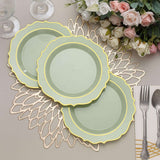 8inch Sage Green Plastic Dessert Salad Plates, Disposable Tableware Round With Gold Scalloped Rim