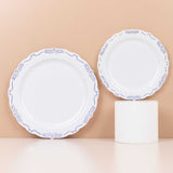 10 Pack White Blue Vintage Rim Disposable Salad Plates With Embossed Scalloped Edges