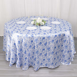 120" White Blue Seamless Satin Round Tablecloth in French Toile Floral Pattern