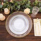 10 Pack White Renaissance Disposable Dinner Plates With Gold Navy Blue Chord Rim, Plastic Party