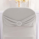 Silver Spandex Folding Chair Covers with Silver Rhinestone Buckled Sash Band