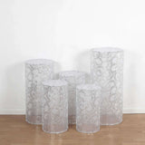 Set of 5 Silver Sequin Mesh Cylinder Pedestal Pillar Prop Covers with Leaf Vine Embroidery