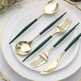 24 Pack | 8inch Metallic Gold With Hunter Emerald Green Silverware Set, Modern Plastic Utensil Set