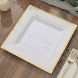 10 Pack - 10inch Gold Trim White Square Plastic Disposable Dinner Plates