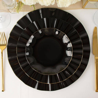 Perfect for Any Occasion - Black Heavy Duty Disposable Salad Plates with Gold Ruffled Rim