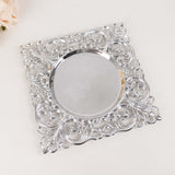 6 Pack Silver Square Acrylic Charger Plates with Hollow Lace Border