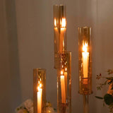 Set of 4 Gold Crystal Glass Hurricane Taper Candle Holders With Tall Cylinder Chimney Tubes