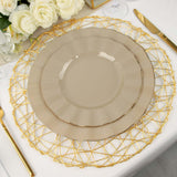 9inch Taupe Heavy Duty Disposable Dinner Plates with Gold Ruffled Rim, Hard Plastic Dinnerware