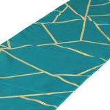 9 Feet Teal Table Runner With Gold Foil Geometric Pattern