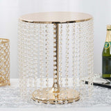 14" Round 16" Tall Metallic Gold Cake Stand, Cupcake Dessert Pedestal With Crystal Chains