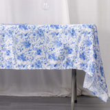 60"x102" White Blue Satin Rectangular Tablecloth in French Toile Floral Pattern, Wrinkle Resistant