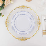 10 Pack White Blue Vintage Rim Disposable Salad Plates With Embossed Scalloped Edges