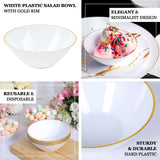 24 Pack Glossy White Premium Plastic Ice Cream Bowls with Gold Rim 7oz Heavy Duty Disposable Dessert