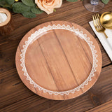 25 Pack Brown Wood Grain Print 9inch Disposable Party Plates With Floral Lace Rim, Round Paper