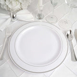 10 Pack | 10inch Très Chic Silver Rim White Disposable Dinner Plates, Plastic Party Plates