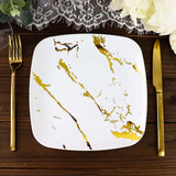 10 Pack | 8inch White / Gold Marble Square Plastic Salad Plates, Disposable Appetizer Party Plates