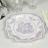 25 Pack White Lavender Lilac Disposable Party Plates in French Toile Floral Pattern