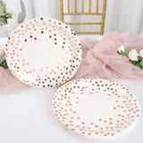 25 Pack | 9inch White Metallic Rose Gold Polka Dot Dinner Paper Plates