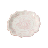 25-Pack Paper Dessert Plates in White with Pink Damask Floral Print & Scallop Rim