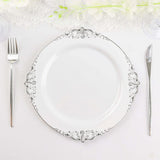 10 Pack | 10inch White Silver Leaf Embossed Baroque Plastic Dinner Plates