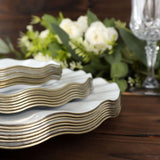 10 Pack | 11 White Disposable Dinner Plates With Gold Ruffled Rim, Round Plastic Party Plates