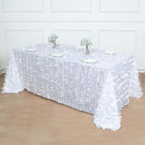 90x156inch White 3D Leaf Petal Taffeta Fabric Rectangle Tablecloth