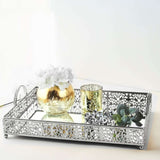 Fleur De Lis Silver Metal Decorative Vanity Serving Tray with handles, Rectangle Mirrored Tray