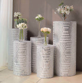 Set of 5 Silver Sequin Mesh Cylinder Pedestal Pillar Prop Covers with Geometric Pattern Embroidery