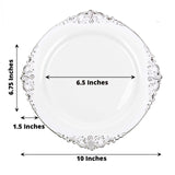 10 Pack | 10inch White Silver Leaf Embossed Baroque Plastic Dinner Plates