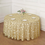 120inch Gold Sequin Leaf Embroidered Seamless Tulle Round Tablecloth, Sheer Table Overlay
