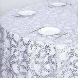 120inch Silver Sequin Leaf Embroidered Seamless Tulle Round Tablecloth, Sheer Table Overlay
