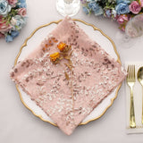 Sparkly Blush Rose Gold Leaf Vine Embroidered Sequin Tulle Cloth Dinner Napkins