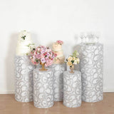 Set of 5 Silver Sequin Mesh Cylinder Pedestal Pillar Prop Covers with Leaf Vine Embroidery