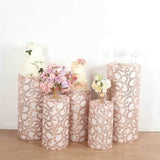 Set of 5 Rose Gold Sequin Mesh Cylinder Pedestal Pillar Prop Covers with Leaf Vine Embroidery