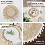 Jute & White Embroidery Mandala Print Placemats, Rustic Round Woven Burlap Tassel Table Mats