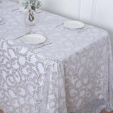 90x156inch Silver Sequin Leaf Embroidered Rectangular Tablecloth, Seamless Sheer Table Overlay