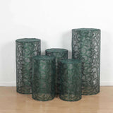 Set of 5 Hunter Emerald Green Sequin Mesh Cylinder Pedestal Pillar Prop Covers