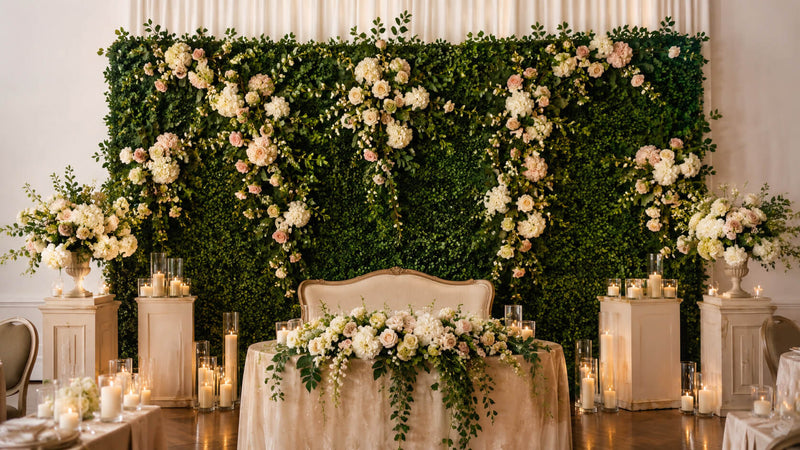 Event Backdrop Ideas Greenery Wall with Layered Florals